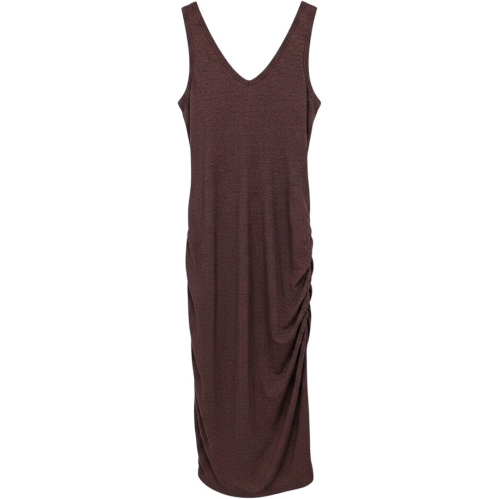 Bishop + Young Midi Dress Women Small Brown Ruched V Neck Sleeveless Knit Earthy